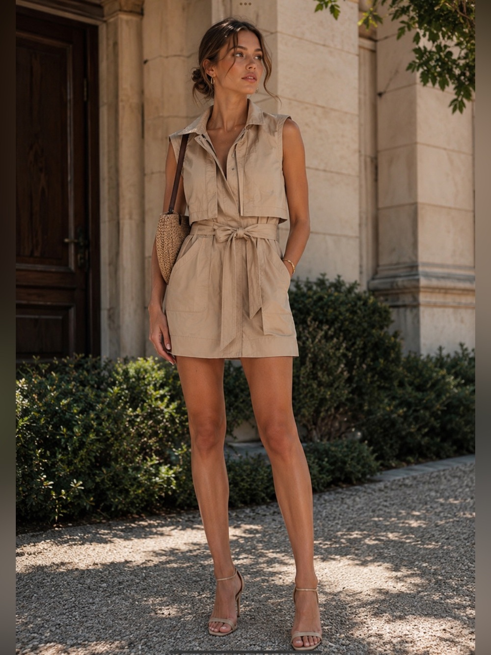 Abercrombie & Fitch trench-style vest dress belted waist and utility pockets LG - Picture 2 of 12